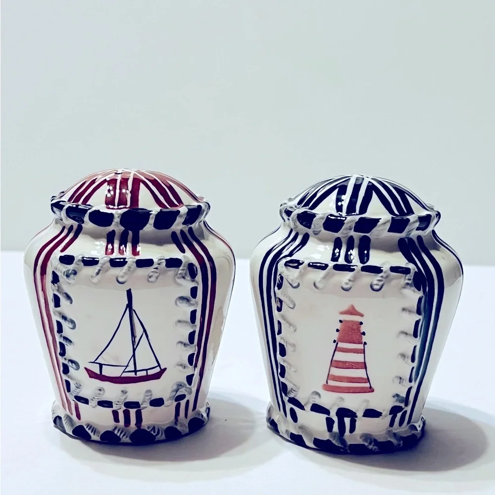 Nautical Ceramic Lighthouse and Sailboat Salt N Pepper Shakers
